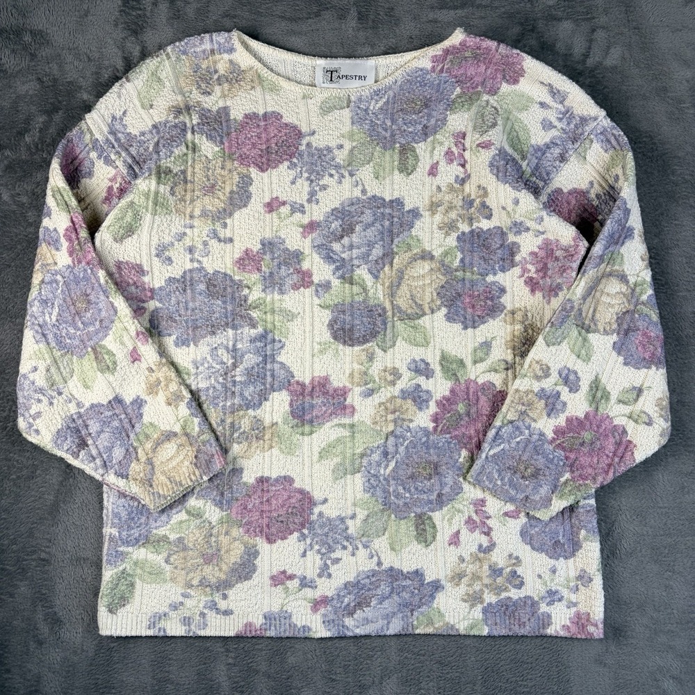 Vintage 90s Tapestry Sweater Women's L Floral Pastel Grandma Cottage Made in USA